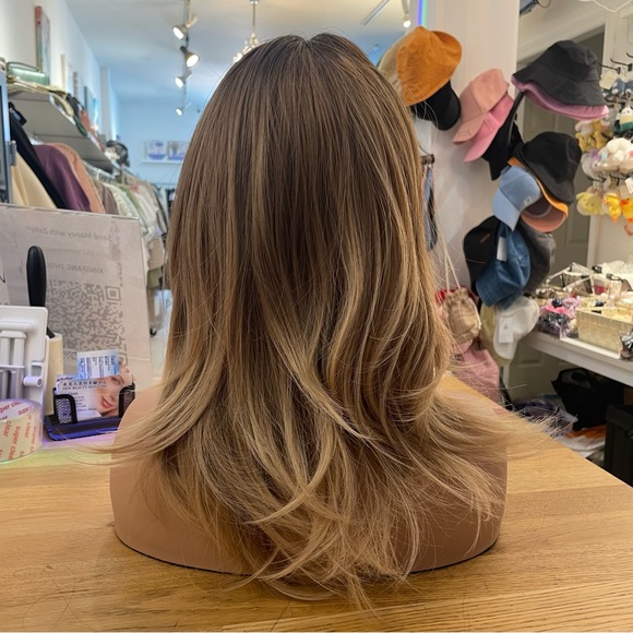 - Human hair brown ombre blonde blend dark root wig main image 5